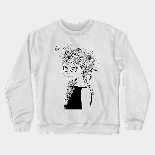 Girl with flowers in her hair Crewneck Sweatshirt by EquilibriumArt